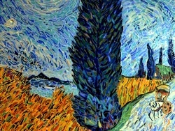 Photo dessins et illustrations, Saint-Rémy-de-Provence - Route avec cyprès et une étoile, influence; Vincent Van-Gogh.