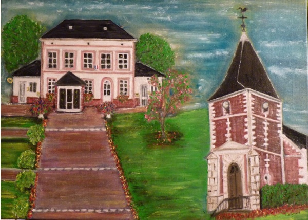 Photo Manneville-la-Goupil - Eglise et mairie de Manneville la Goupil, huile sur toile